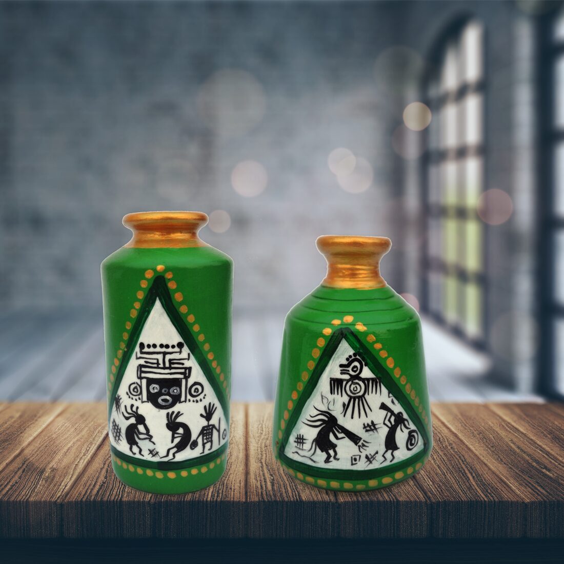 

iHandikart Handicraft Terracotta Table Pots with Handpainted Warli Painting Madhubani Painting (4 inches Pack of 2) IHK7013-15