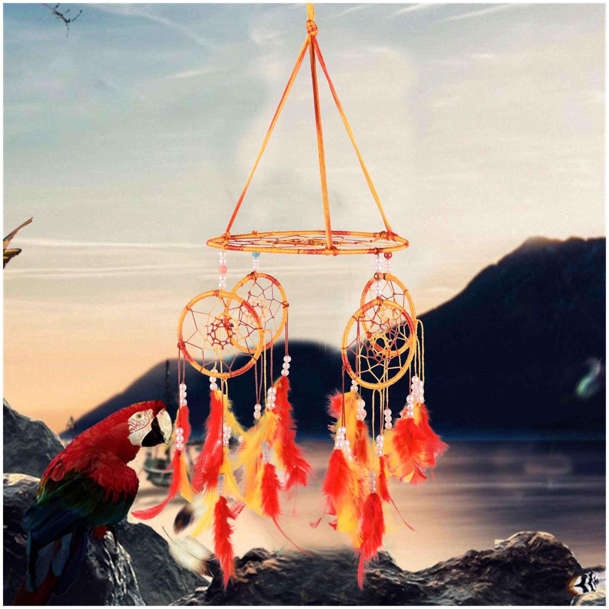 

ILU Dream Catcher Wall Hanging Handmade Beaded 1 Big and 4 Small Circular Net with Feather Decoration Ornaments Size 17cm Diameter Red Yellow