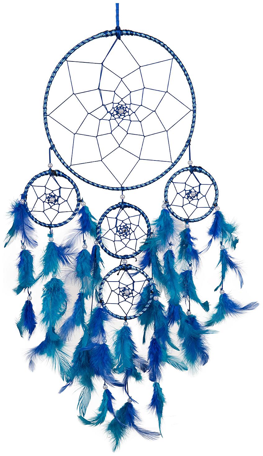 

ILU Dream Catcher Wall Hanging Handmade Beaded 1 Big and 4 Small Circular Net with Feather Decoration Ornaments Size 21cm Diameter Blue