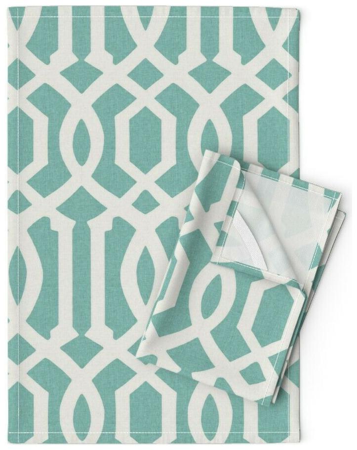 

Imperial Aqua Trellis Lattice Linen Cotton Tea Towels by Roostery Set of 2