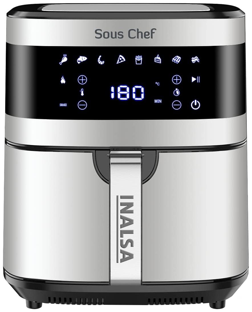 Inalsa Air Fryer Price Digital 6.5 L Sous Chef-1650 Watt with 8 Preset Programs, Variable Temperature Control & Auto Shake Reminder| Stainless Steel Housing, (Black/Silver), 292*405*342