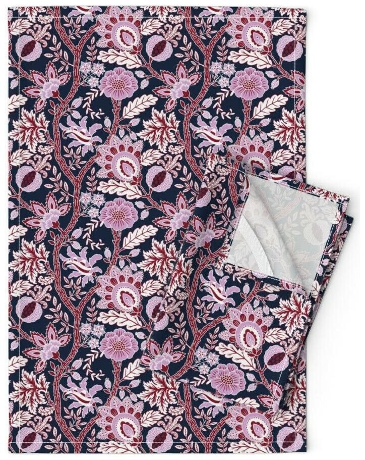 

Indian Floral Damask Orchid Purple Linen Cotton Tea Towels by Roostery Set of 2