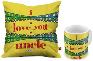 Indigifts I Love You Uncle Quote Indian Retro Pattern Yellow Coffee Mug 330 ml & Cushion Cover 30.48 cm (12 inch) x 30.48 cm (12 inch) x 10.16 cm (4 inch) with Filler - Best Gift for Uncle Birthday