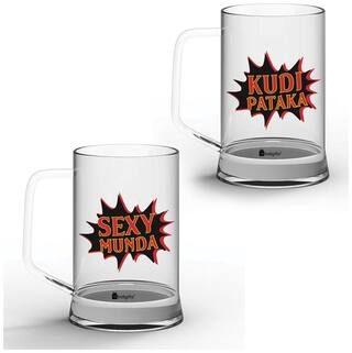 Indigifts Valentine Day Kudi Pataka and Sexy Munda Quote Clear Glass Beer Mug 325 ml Set of 2