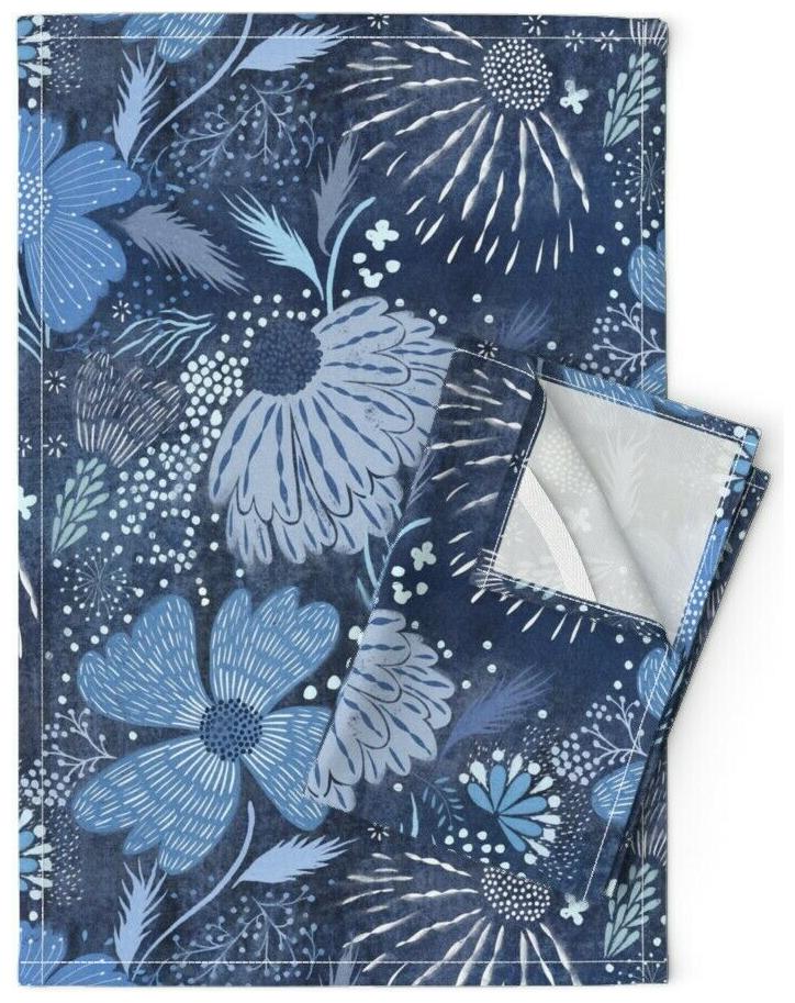 

Indigo Floral Pattern Blue Tie Dye Linen Cotton Tea Towels by Roostery Set of 2