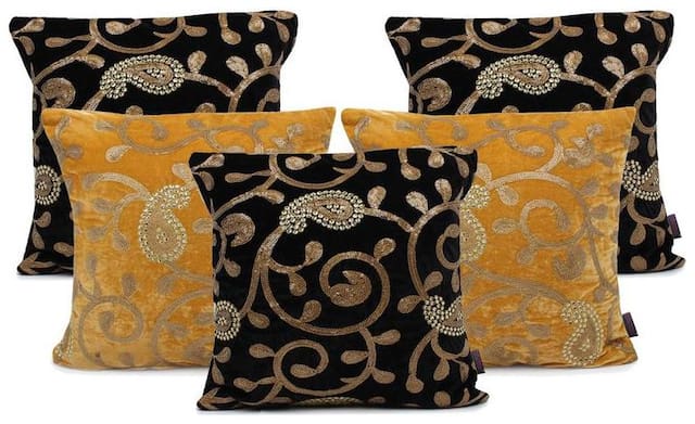 indoAmor Paisley Sequine Embroided Velvet Cushion Covers (Black-Yellow16x16 inch)- Set of 5 Covers