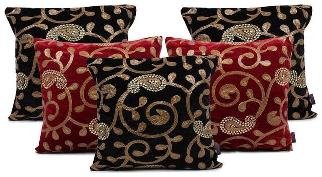 indoAmor Paisley Sequine Embroided Velvet Cushion Covers (Black-Maroon 16x16 inch)- Set of 5 Covers