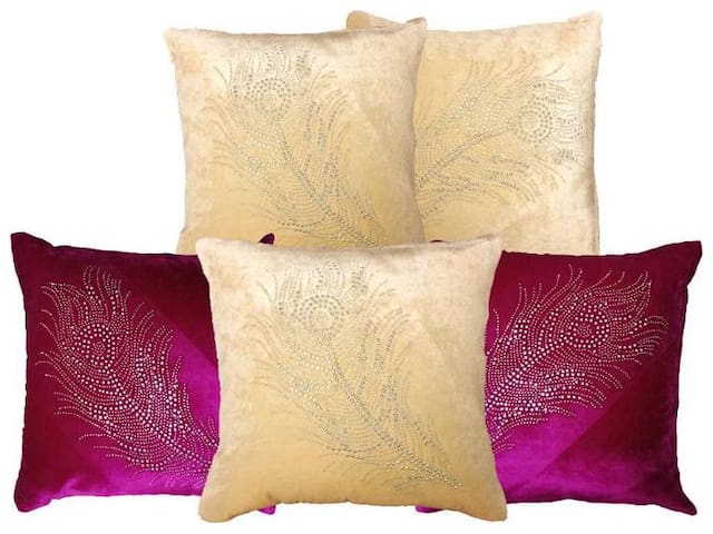 indoAmor Peacock Feather Velvet and Lycra Cushion Covers (r 16x16 inch;Set of 5 Covers)