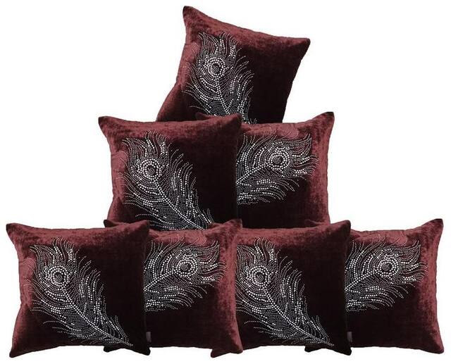 indoAmor Peacock Feather Velvet and Lycra Cushion Covers (Brown;16x16 inch;Set of 7 Covers)