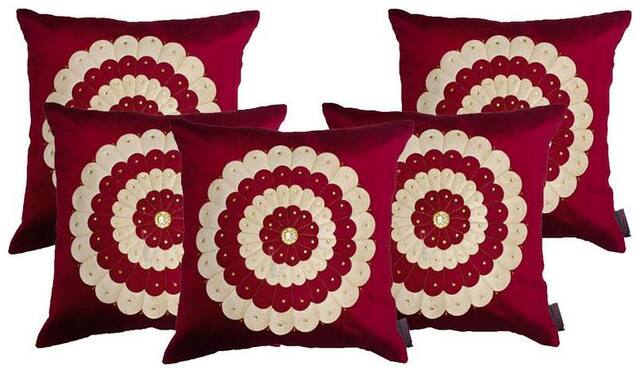 indoAmor Velvet Cushion Covers;Stonework Flower Pattern;16x16 inch (Set of 5 Covers)