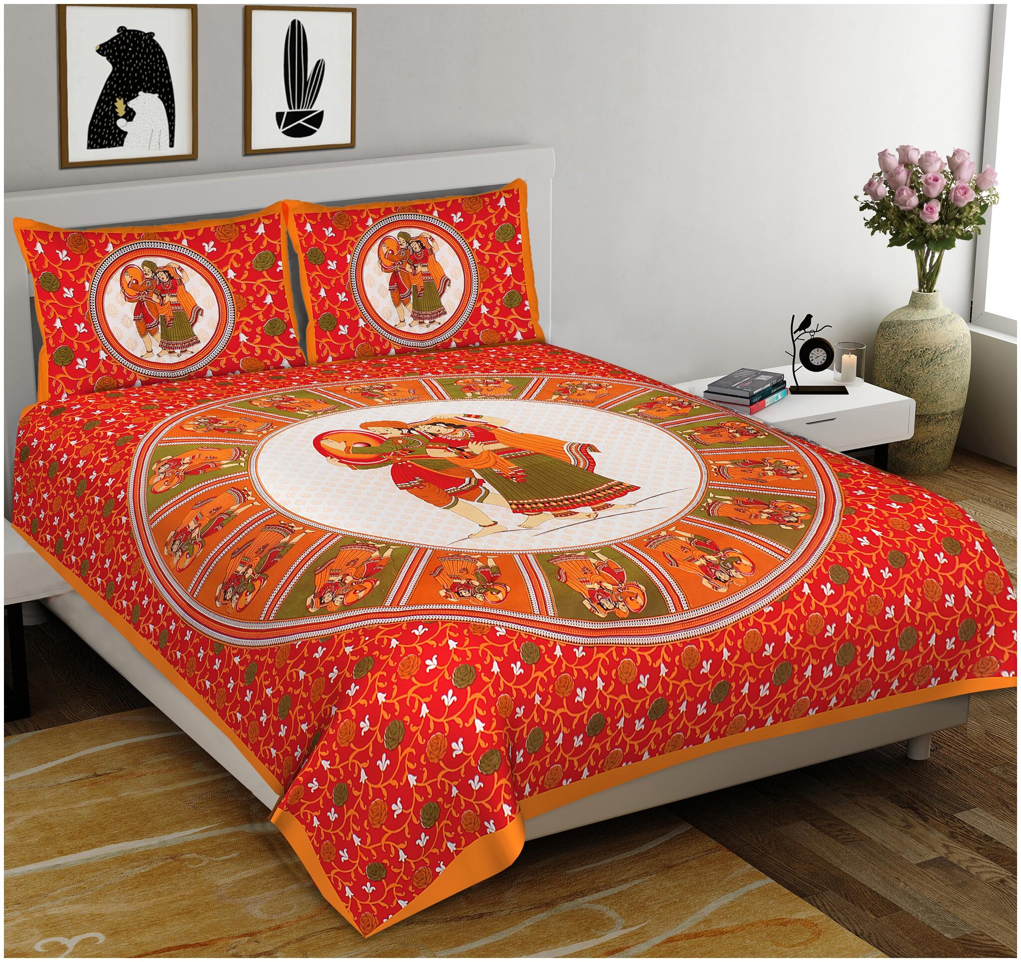 

Indra s Cotton Rajasthani Jaipuri Print Double Size Bedsheet 104 TC ( 1 Bedsheet With 2 Pillow Covers Multi )