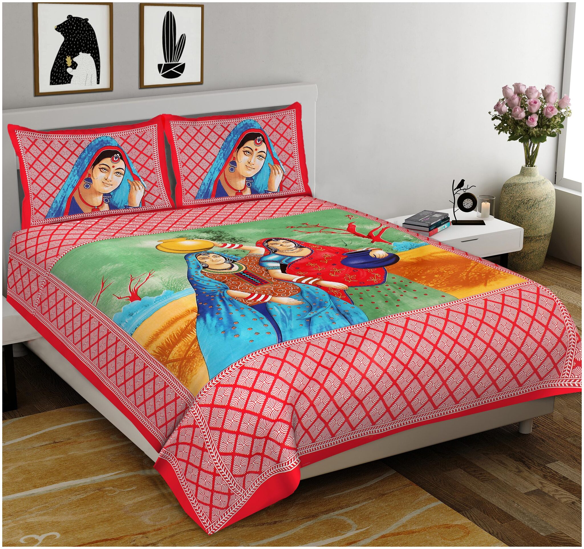 

Indra s Cotton Rajasthani Jaipuri Print Double Size Bedsheet 104 TC ( 1 Bedsheet With 2 Pillow Covers Multi )