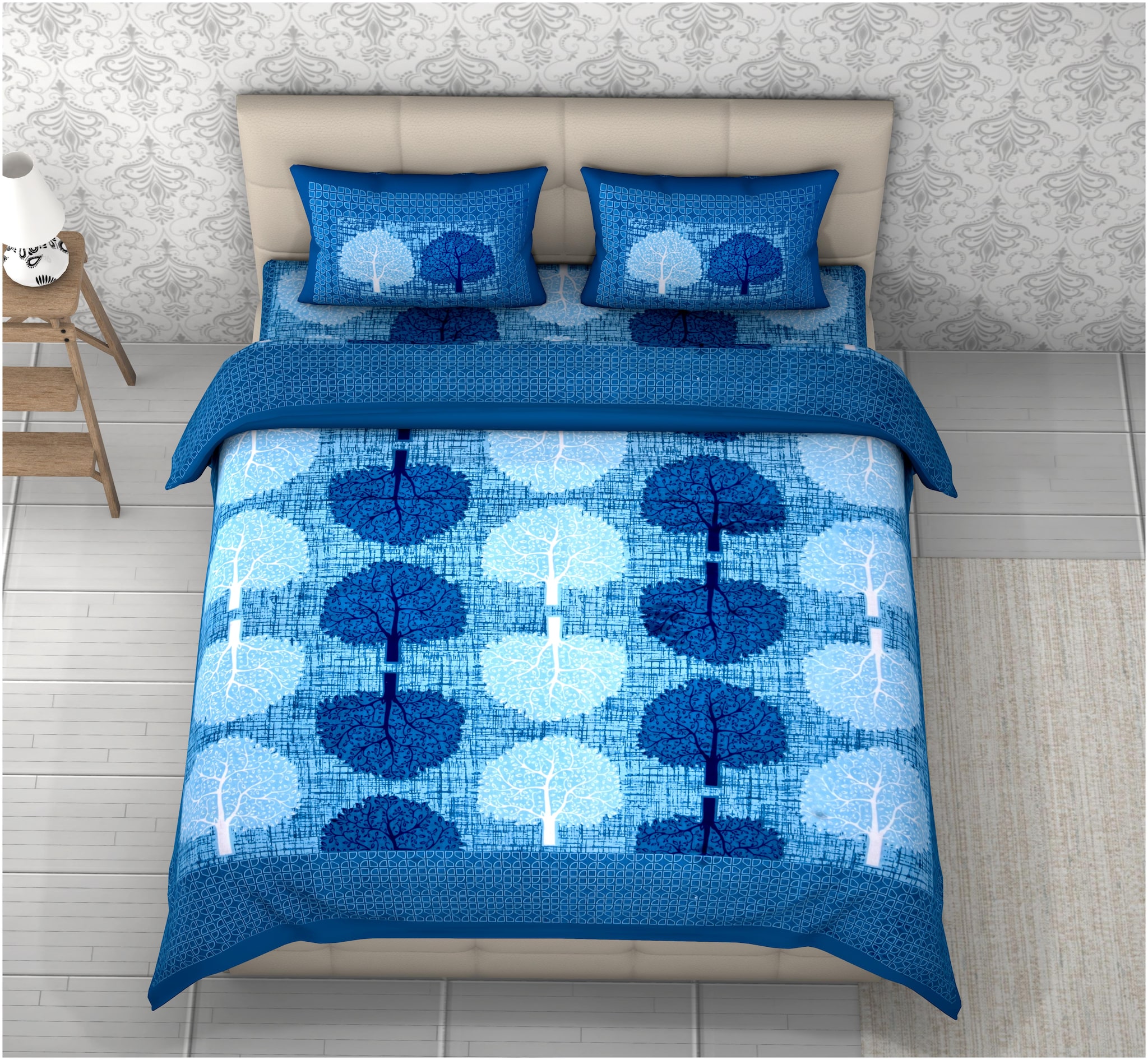 

Indra s Cotton Printed Double Size Bedsheet 104 TC ( 1 Bedsheet With 2 Pillow Covers Blue )