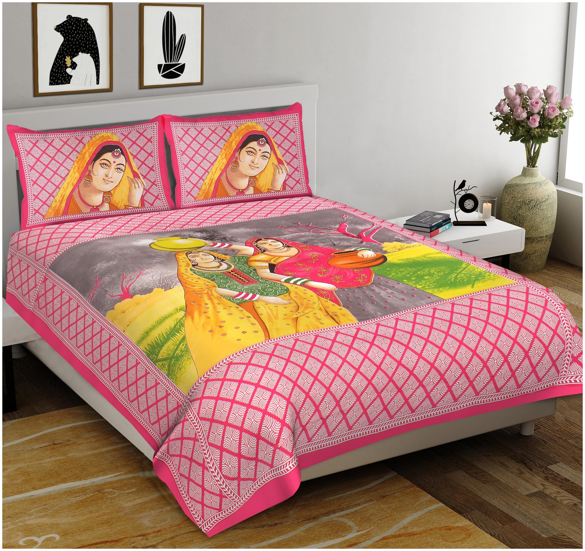 

Indra s Cotton Rajasthani Jaipuri Print Double Size Bedsheet 104 TC ( 1 Bedsheet With 2 Pillow Covers Multi )