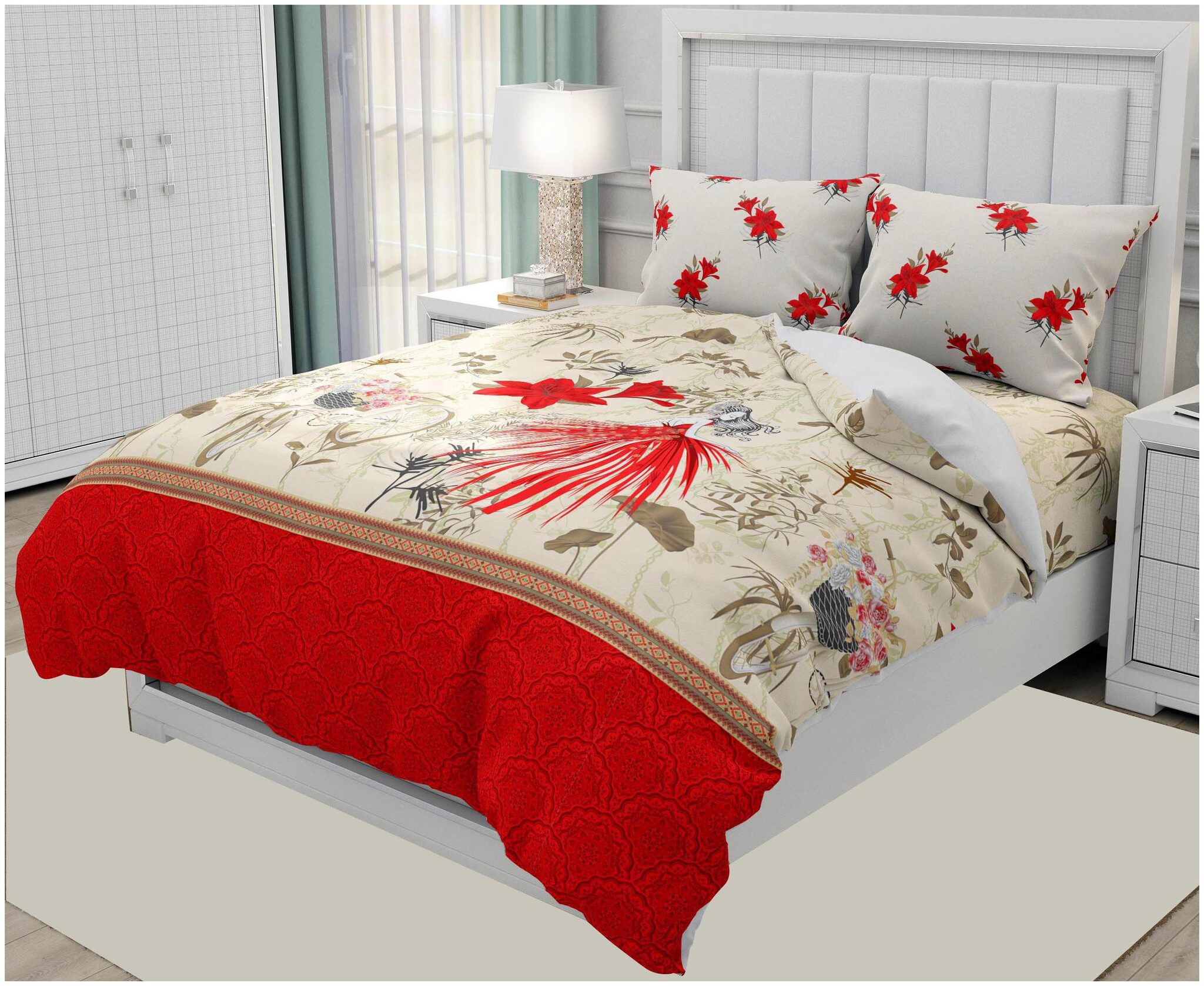 

Indra s Cotton Floral Double Size Bedsheet 144 TC ( 1 Bedsheet With 2 Pillow Covers Red White )