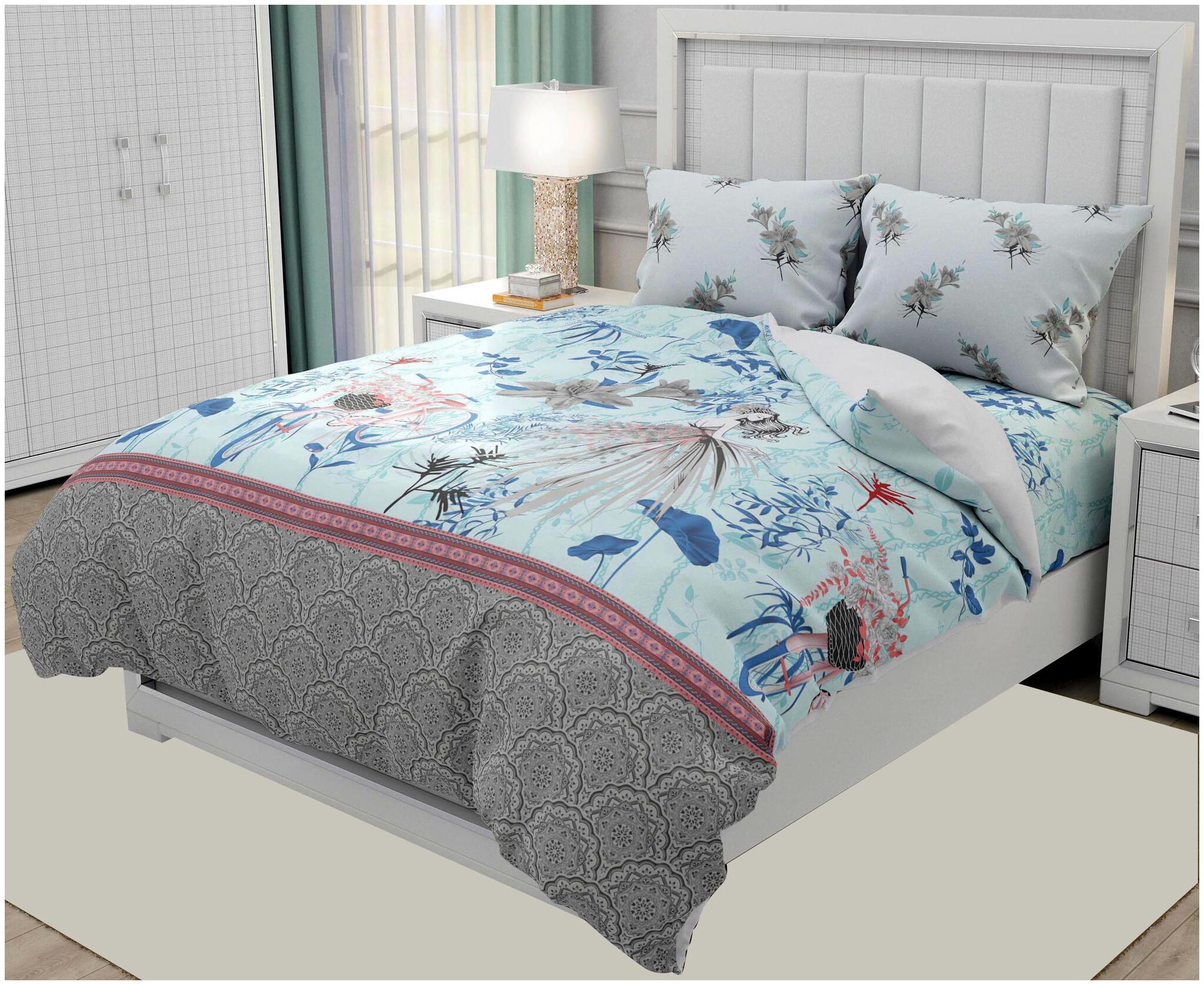 

Indra s Cotton Floral Double Size Bedsheet 144 TC ( 1 Bedsheet With 2 Pillow Covers Grey Blue )