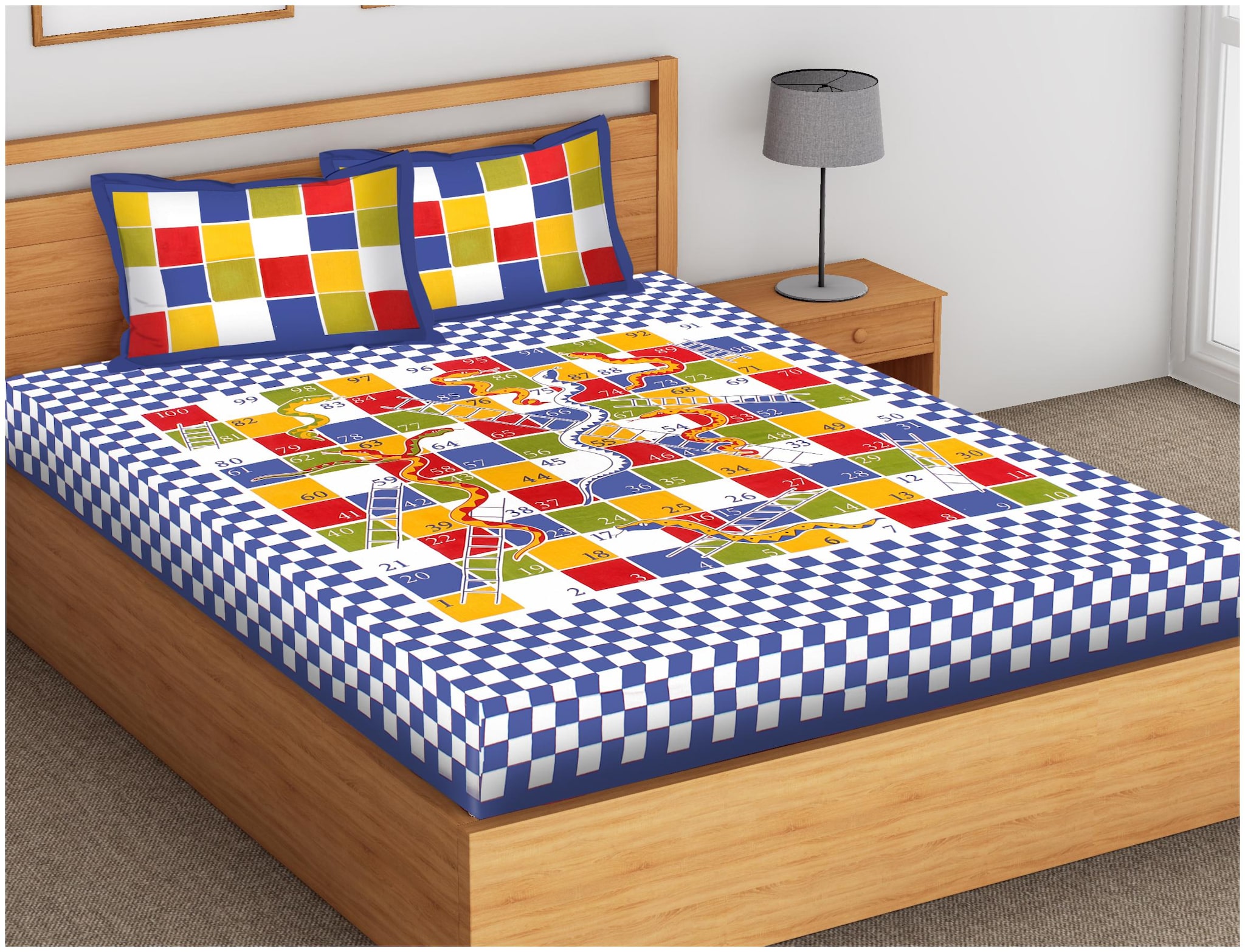 

Indra s Cotton Checkered Double Size Bedsheet 144 TC ( 1 Bedsheet With 2 Pillow Covers Blue )