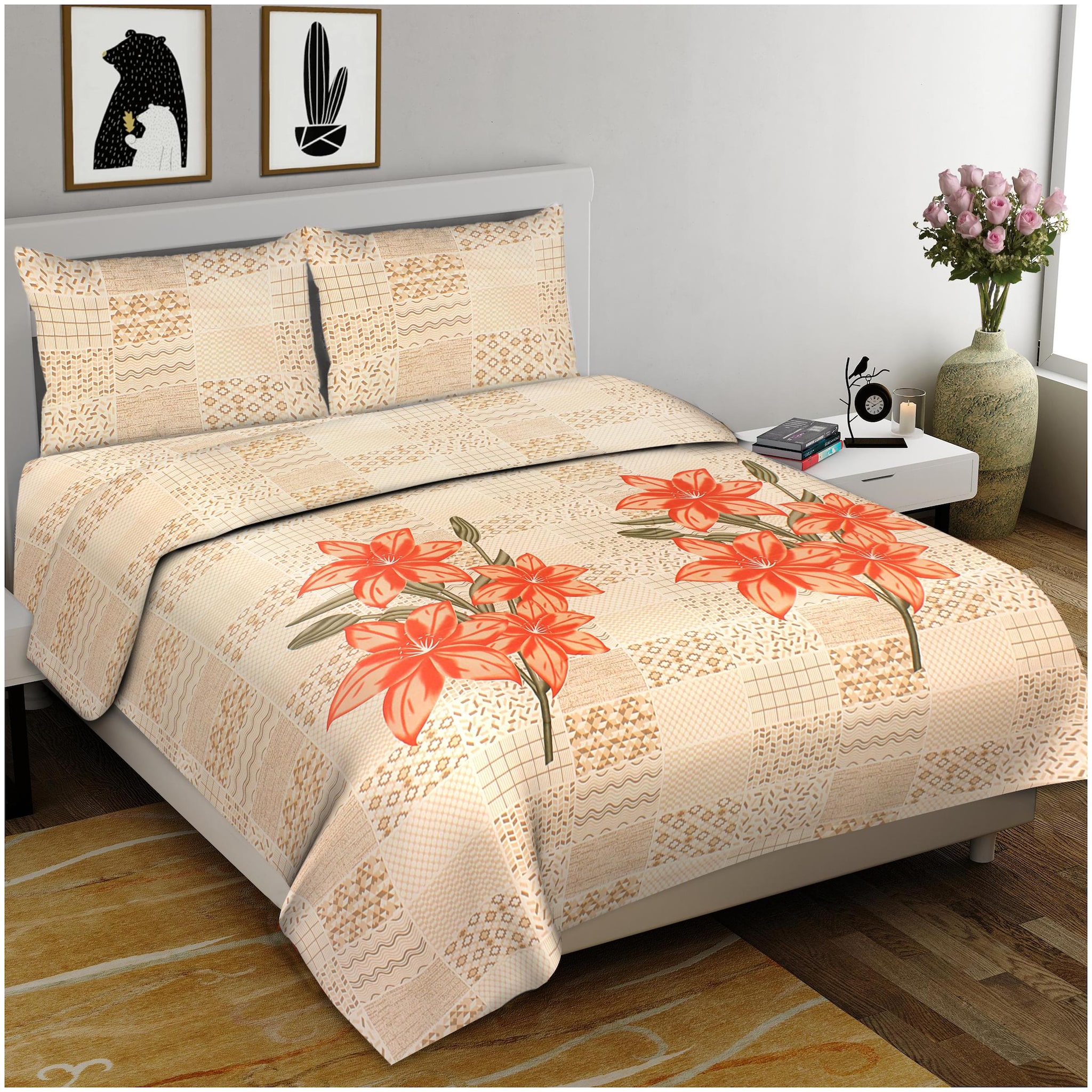 

Indra s Cotton Floral Double Size Bedsheet 144 TC ( 1 Bedsheet With 2 Pillow Covers Multi )