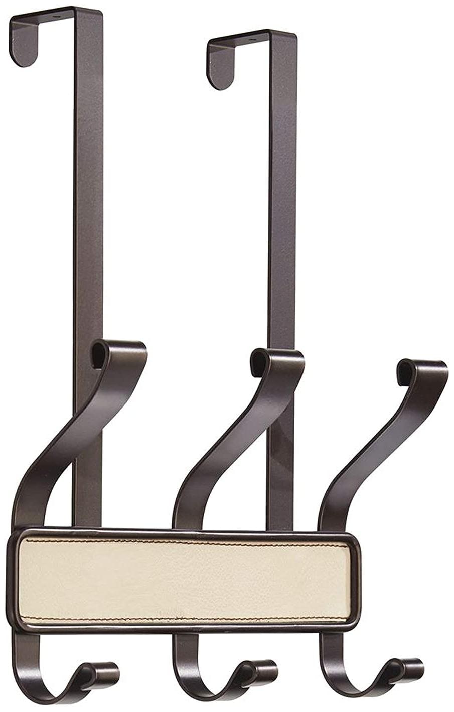

InterDesign Laredo Over Door Storage Rack - Organizer Hooks for Coats Hats Robes Clothes or Towels - 3 Dual Hooks Cream Bronze