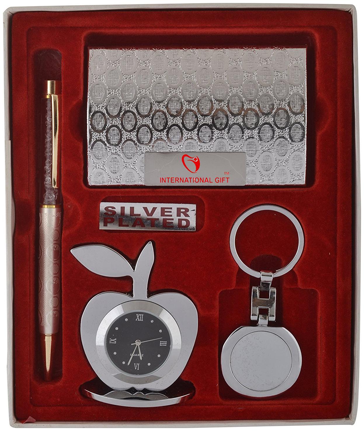 

INTERNATIONAL GIFT 18 10 Steel Pen and Visiting Card Holder Set (15 5 cm x 19 cm x 3 cm Silver Pack of 4) With Velvet Box