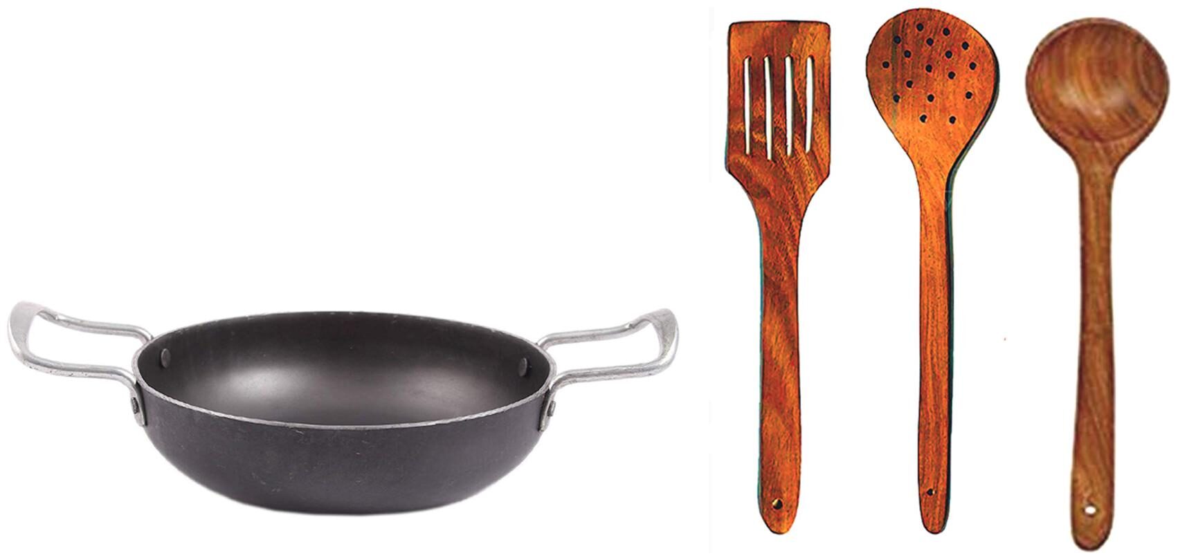 

Iron-BLK karahi B-3 2 6 With Wooden Spatula