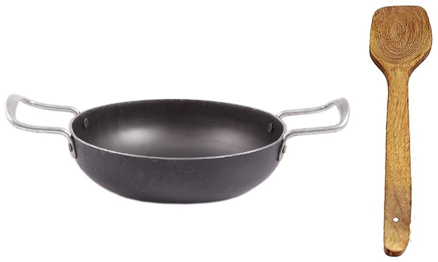 

Iron-BLK karahi W8 With Wooden Spatula