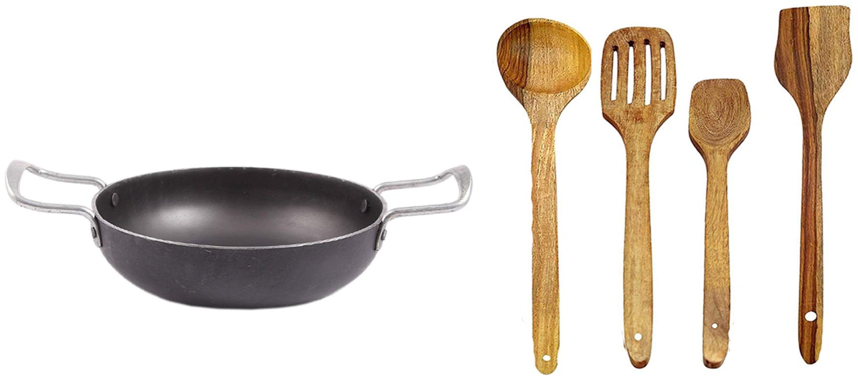 

Iron-BLK karahi W-5 1 9 4 With Wooden Spatula