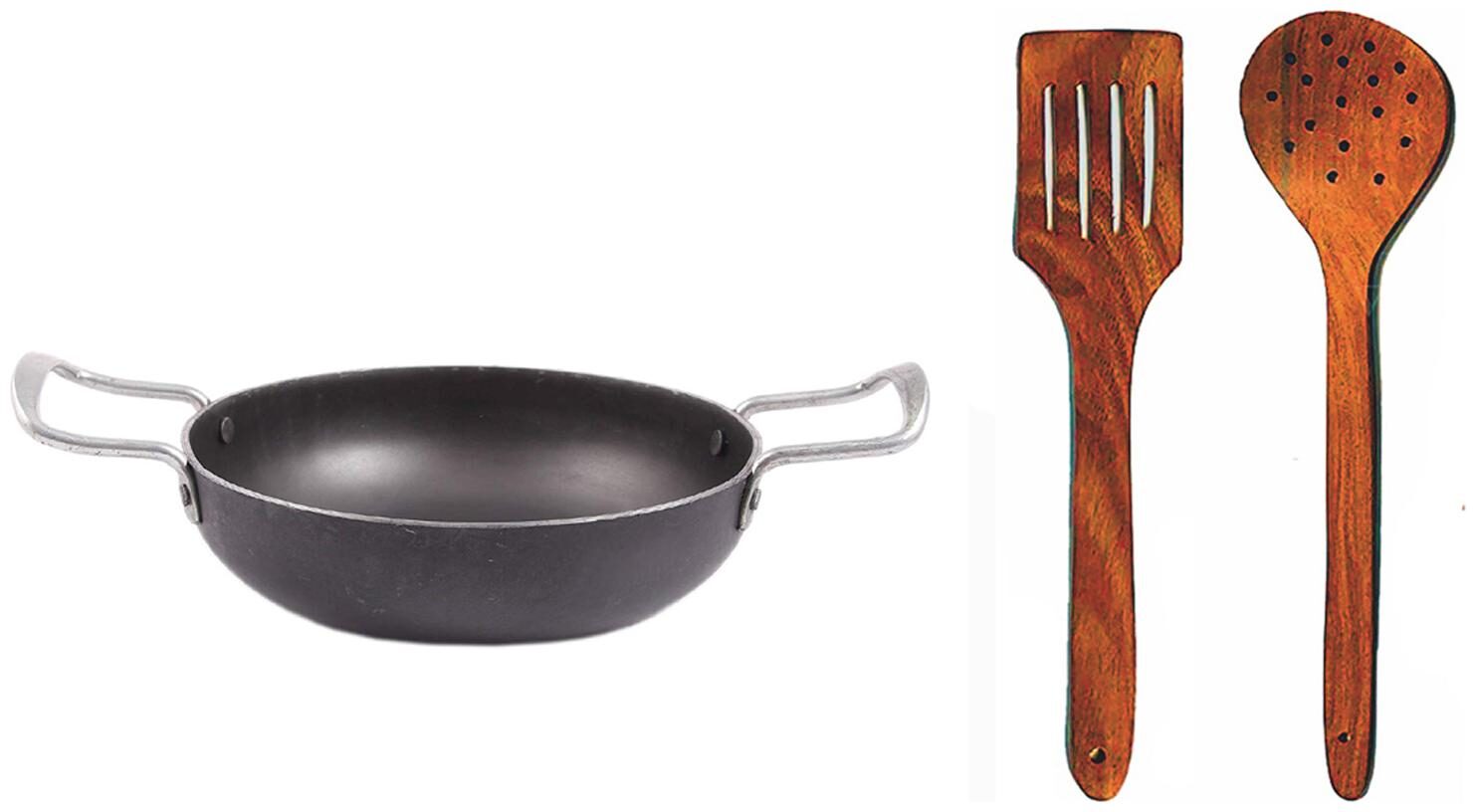 

Iron-BLK karahi B-3 2 With Wooden Spatula