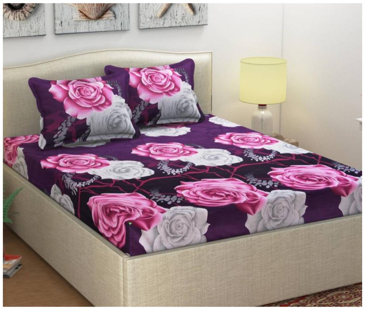 

Italian Fab Microfiber 3D Printed Double Size Bedsheet 144 TC ( 1 Bedsheet With 2 Pillow Covers Purple )