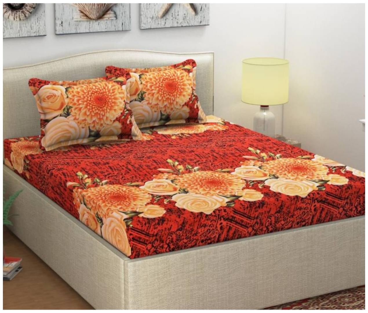 

Italian Fab Microfiber 3D Printed Double Size Bedsheet 144 TC ( 1 Bedsheet With 2 Pillow Covers Orange )