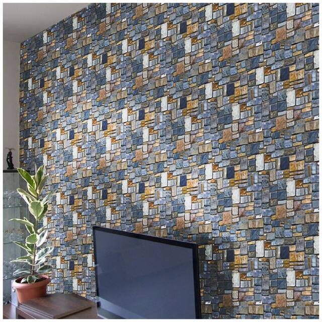 JAAMSO ROYALS 3D Blue and multicolor stone  wallpaper self-adhesive, peel & stick ( 45 CM x 400 CM ) Pack of 1