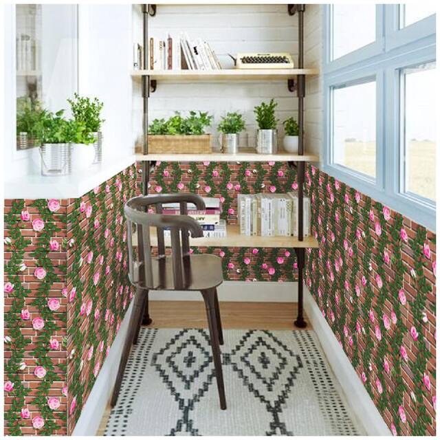 JAAMSO ROYALS 3D Brown brick with pink flowers and leaves wallpaper self-adhesive, peel & stick ( 45 CM x 800 CM ) Pack of 1