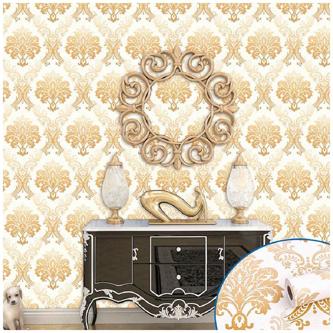 

JAAMSO ROYALS Golden damask wallpaper self-adhesive peel stick ( 45 x 1000 CM ) Pack of 1