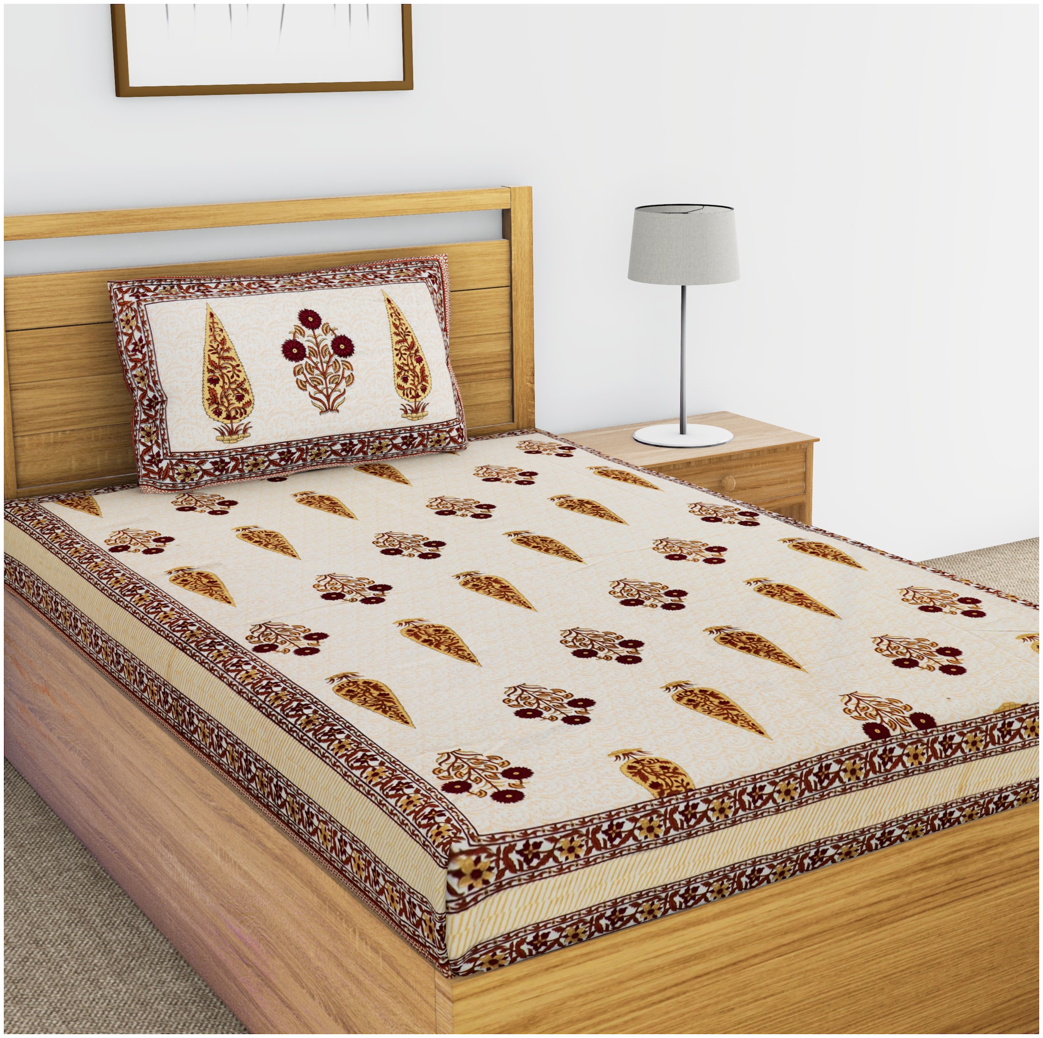 

JAIPUR PRIDE Cotton Floral Single Size Bedsheet 104 TC ( 1 Bedsheet With 1 Pillow Covers Yellow )