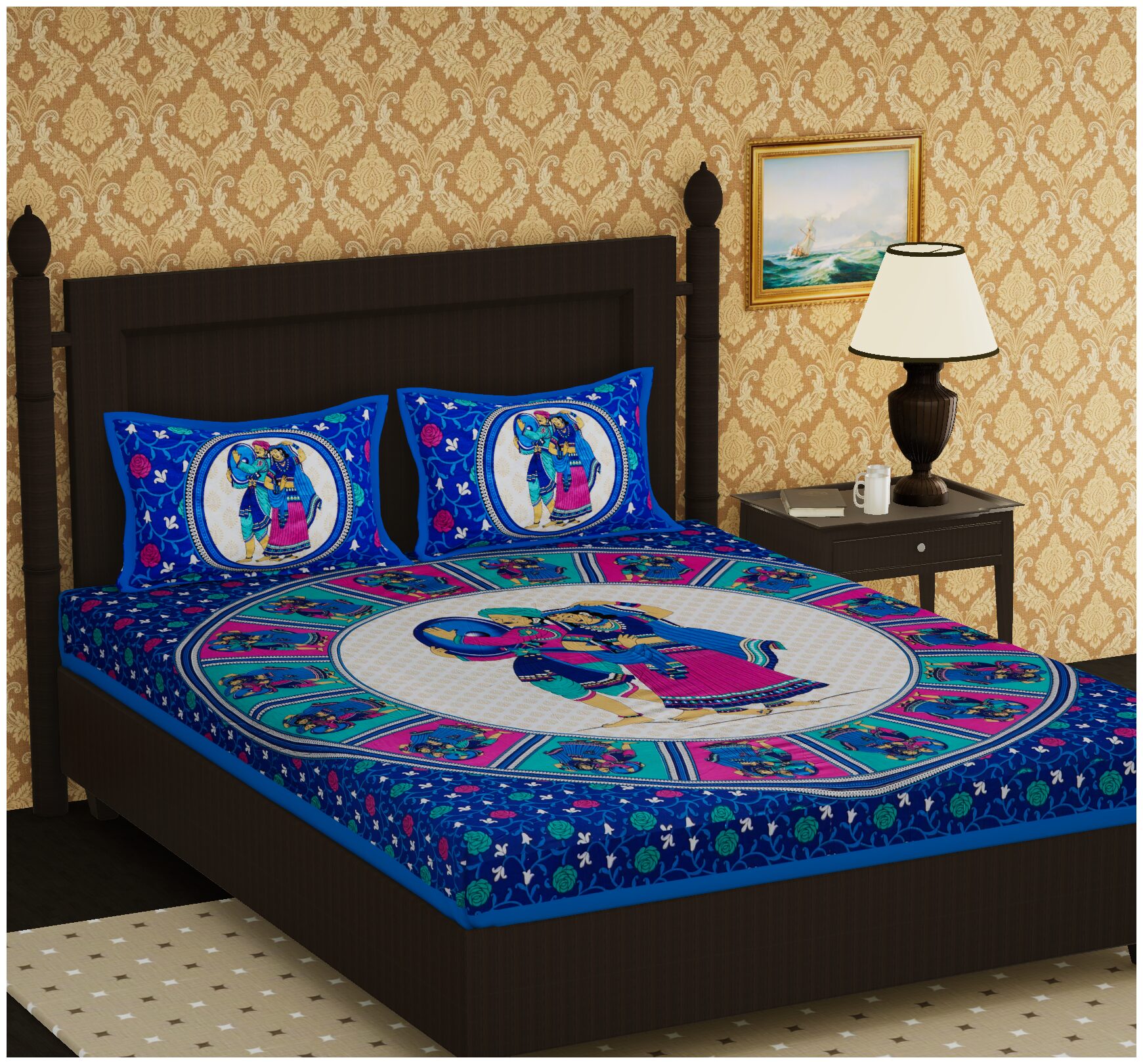 

JAIPUR PRIDE Cotton Rajasthani Jaipuri Print Double Size Bedsheet 104 TC ( 1 Bedsheet With 2 Pillow Covers Blue )