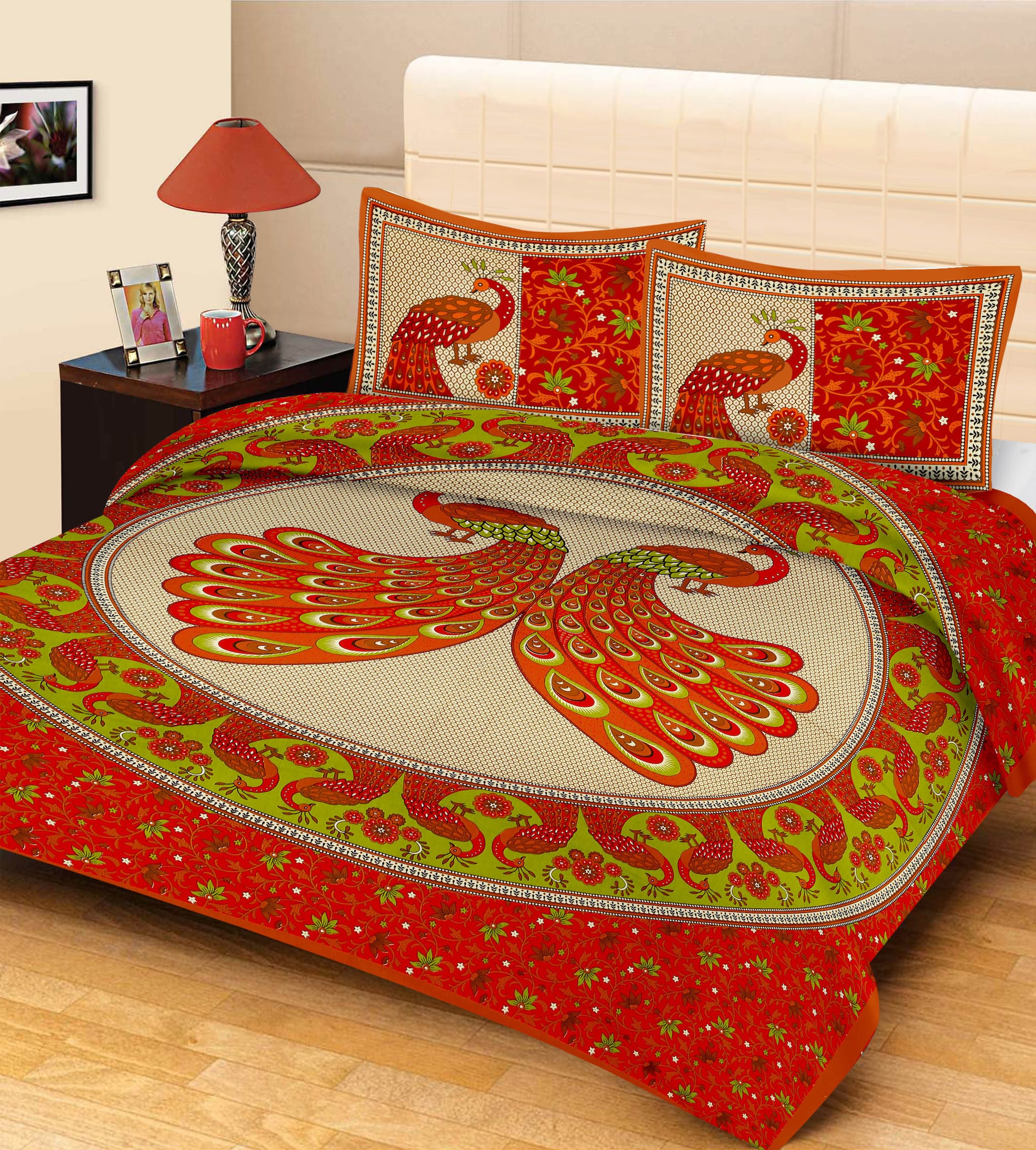 

JAIPUR PRIDE Cotton Printed Double Size Bedsheet 104 TC ( 1 Bedsheet With 2 Pillow Covers Red )