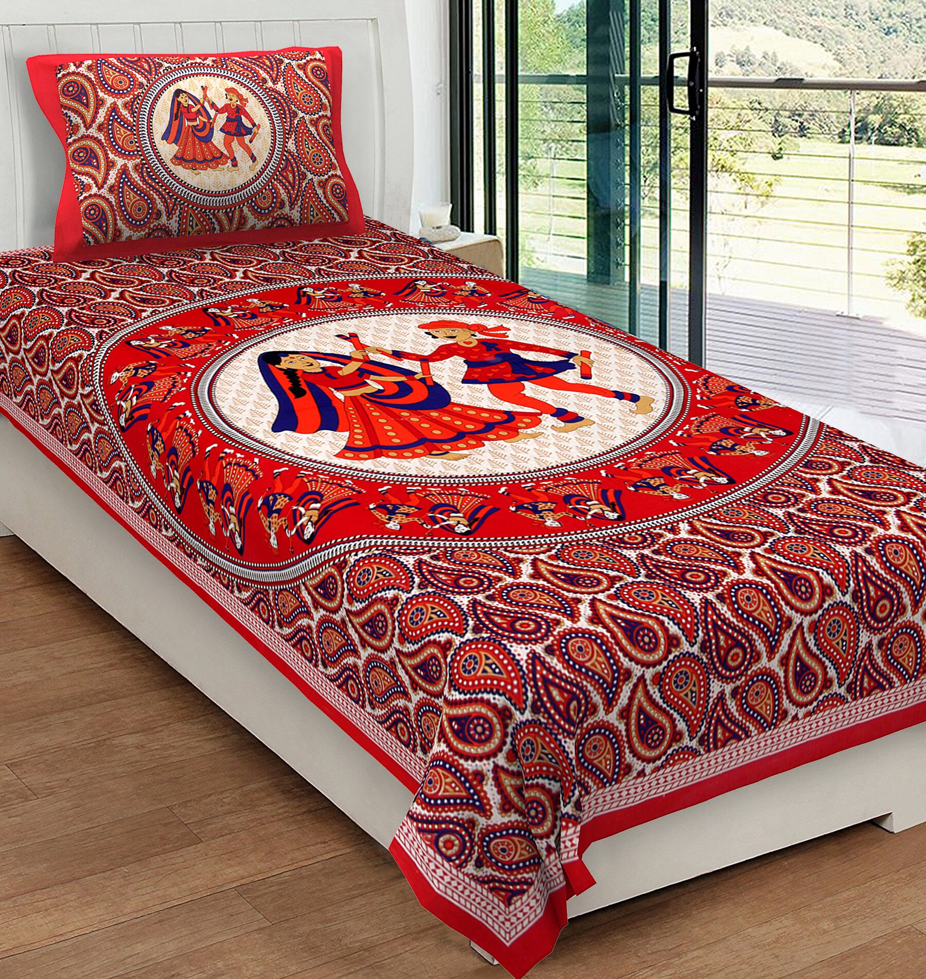 

JAIPUR PRIDE Cotton Rajasthani Jaipuri Print Single Size Bedsheet 104 TC ( 1 Bedsheet With 1 Pillow Covers Red )