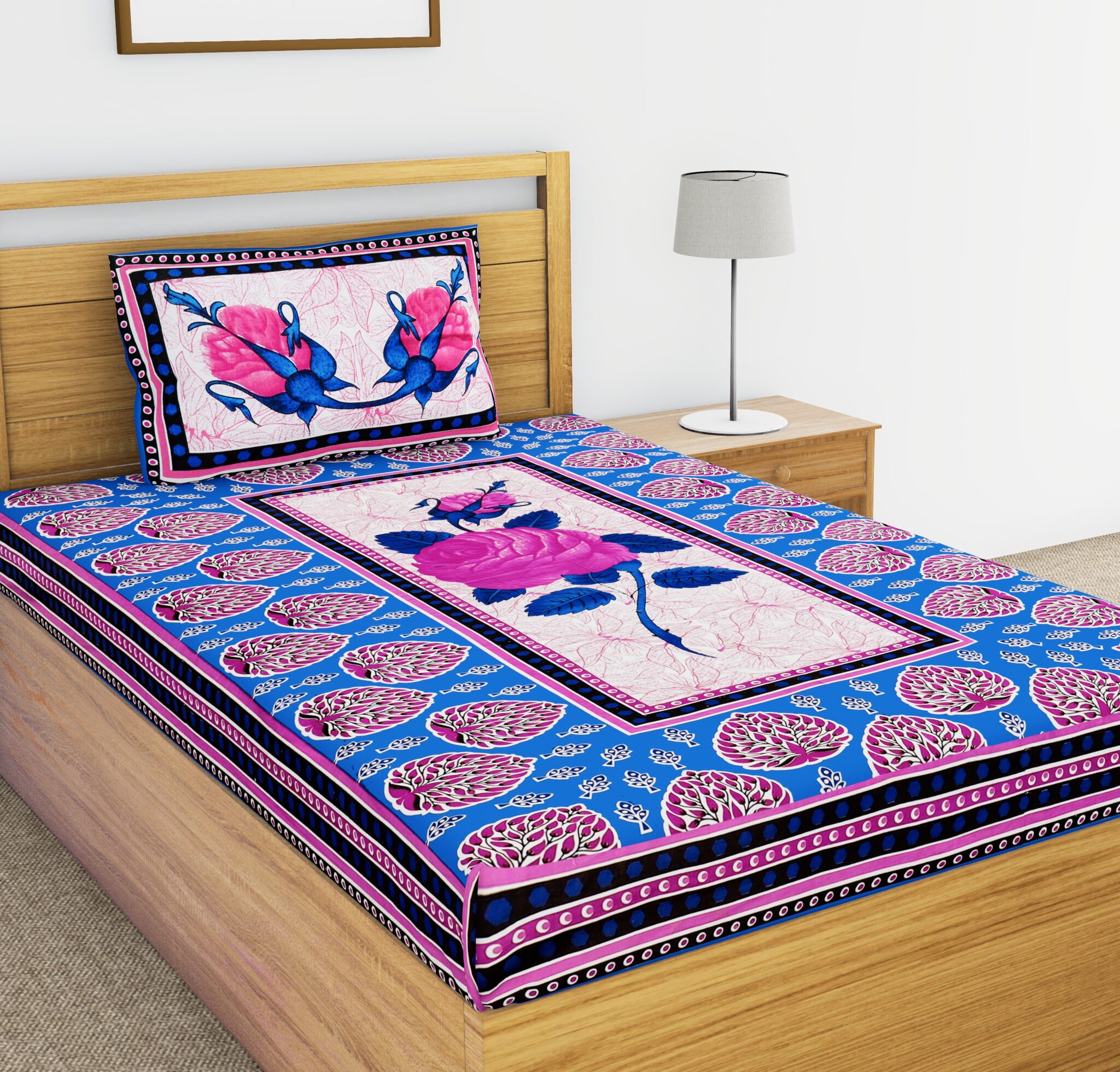 

JAIPUR PRIDE Cotton Floral Single Size Bedsheet 104 TC ( 1 Bedsheet With 1 Pillow Covers Blue )