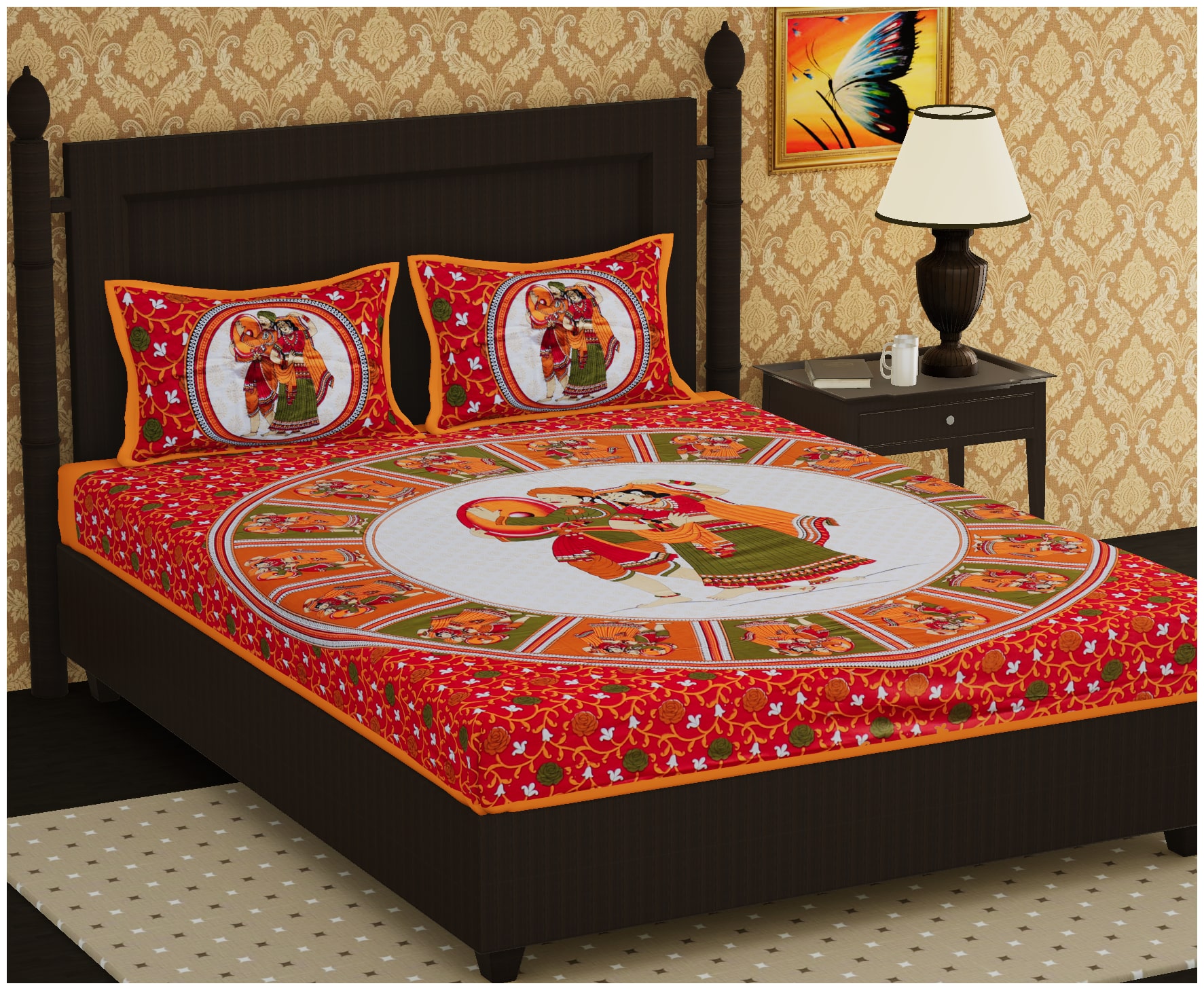 

JAIPUR PRIDE Cotton Rajasthani Jaipuri Print Double Size Bedsheet 104 TC ( 1 Bedsheet With 2 Pillow Covers Orange )
