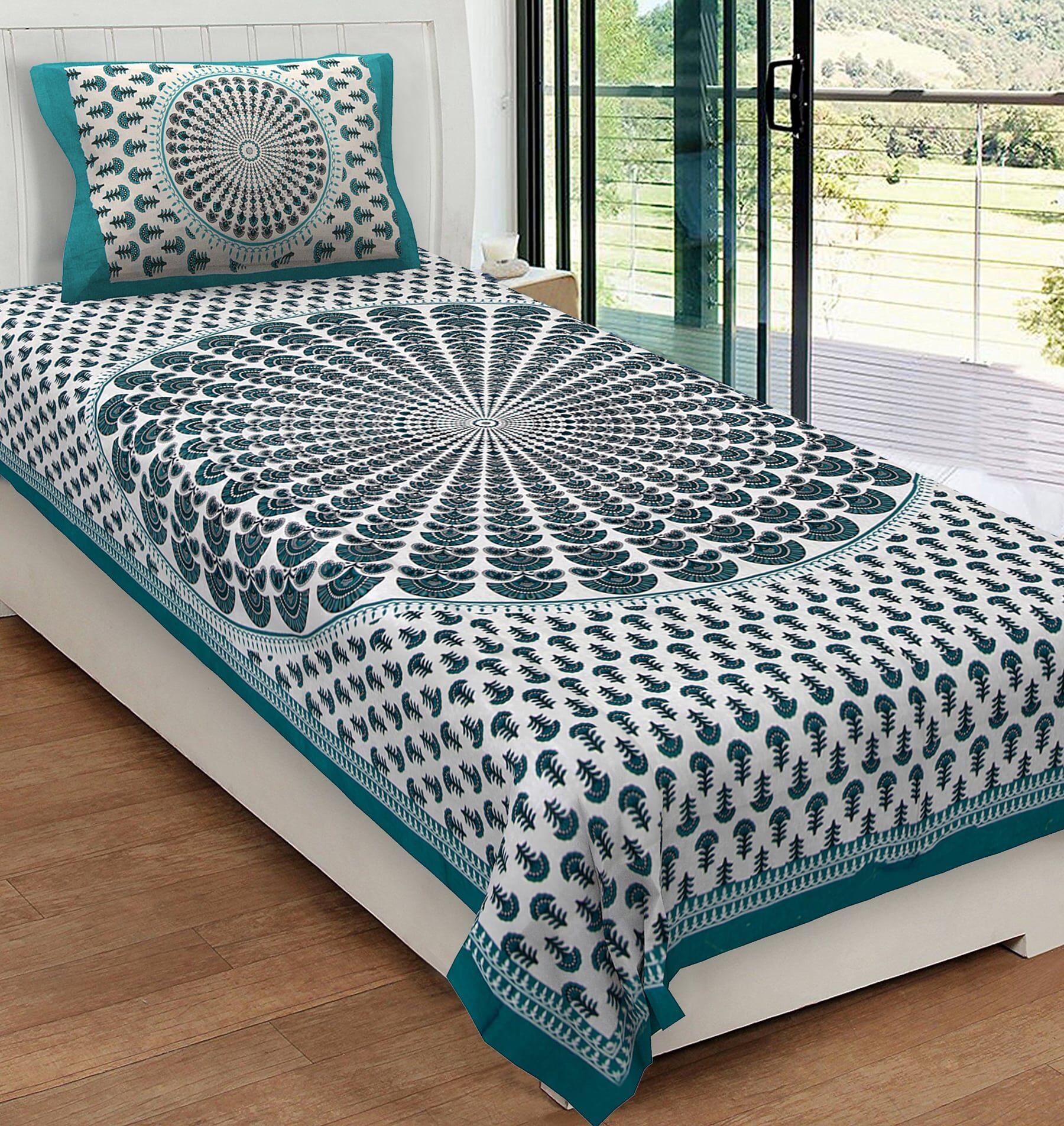 

JAIPUR PRIDE Cotton Printed Single Size Bedsheet 104 TC ( 1 Bedsheet With 1 Pillow Covers Green )