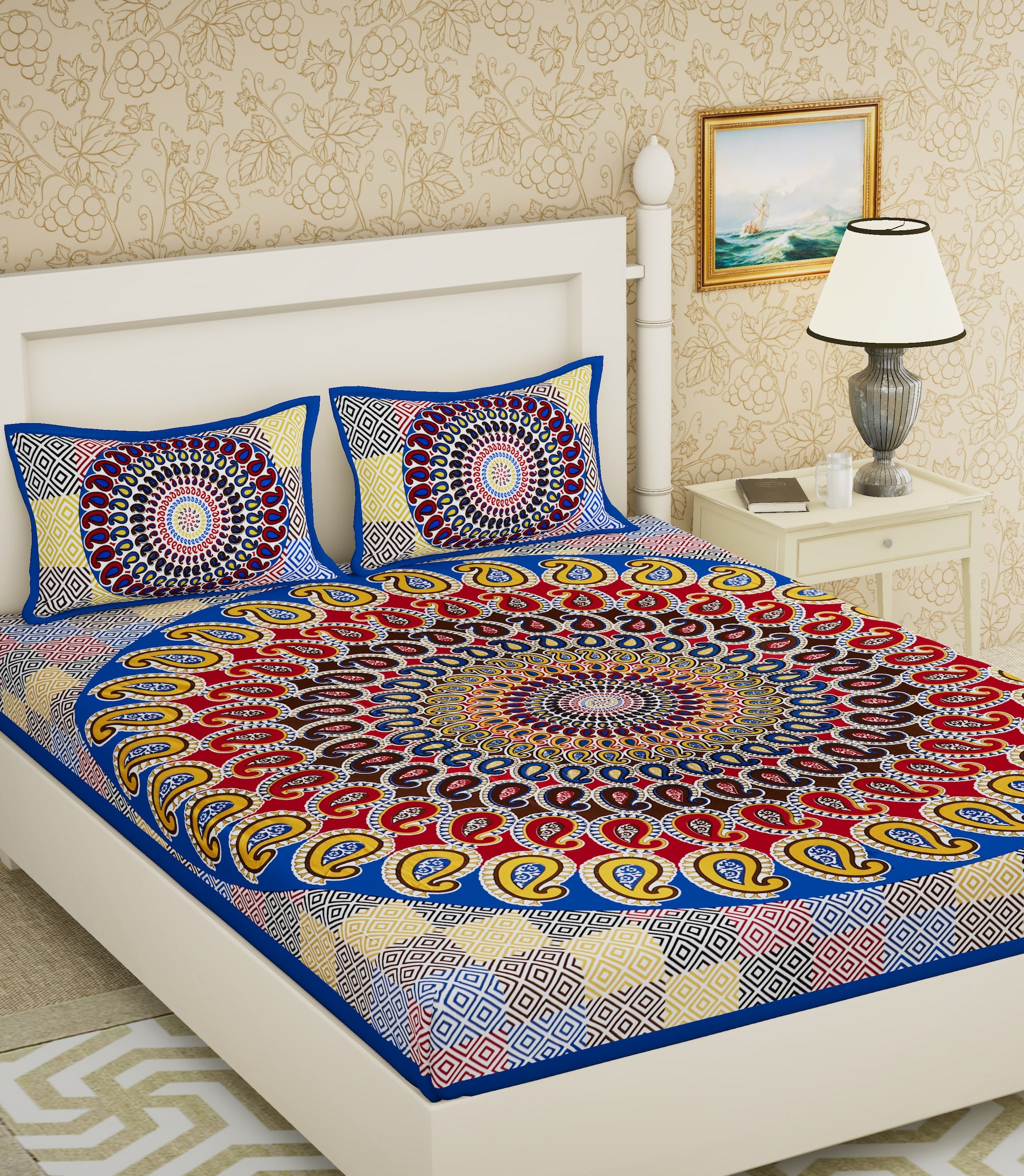 

JAIPUR PRIDE Cotton Paisley Double Size Bedsheet 104 TC ( 1 Bedsheet With 2 Pillow Covers Blue )
