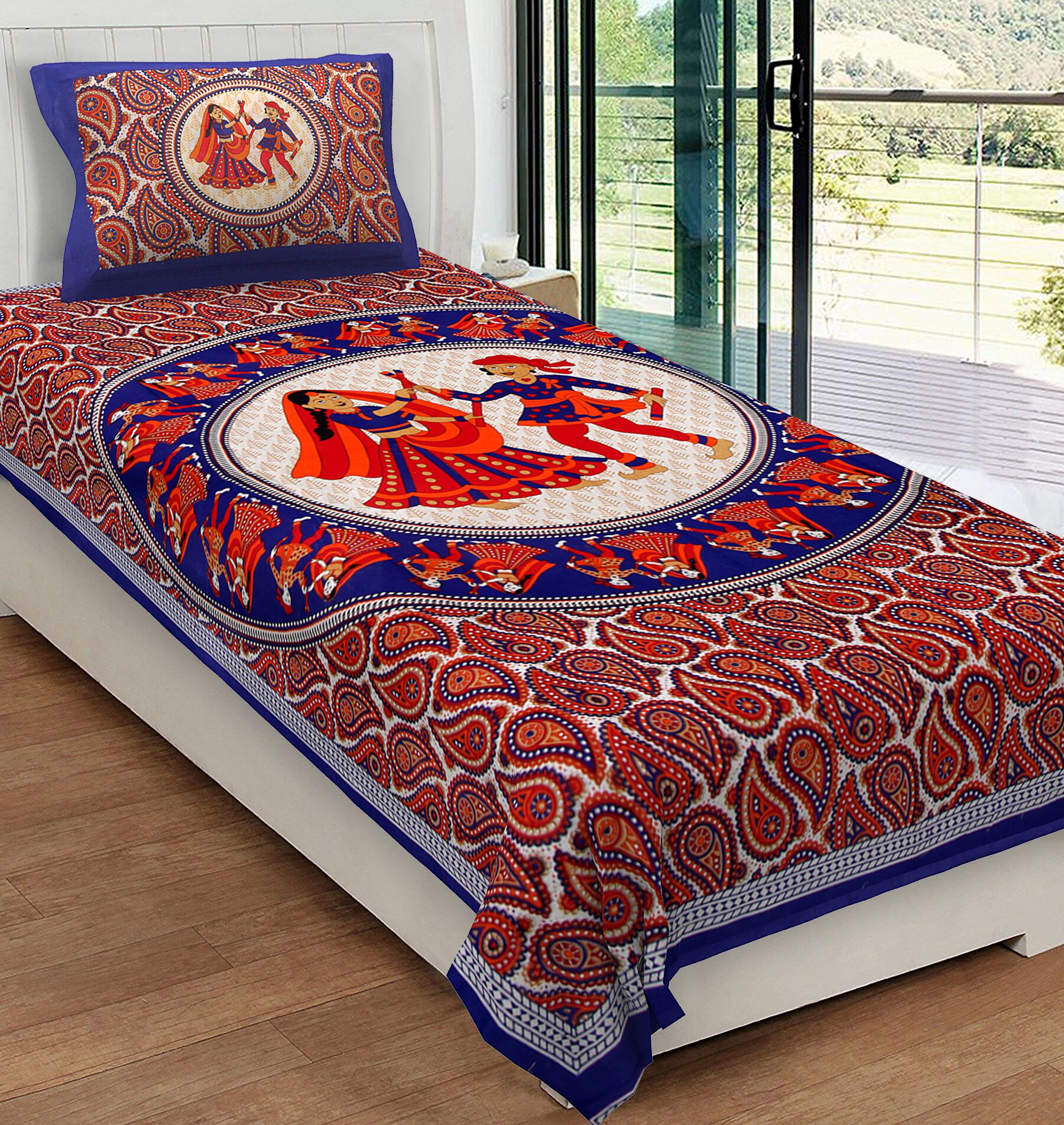 

JAIPUR PRIDE Cotton Rajasthani Jaipuri Print Single Size Bedsheet 104 TC ( 1 Bedsheet With 1 Pillow Covers Blue )