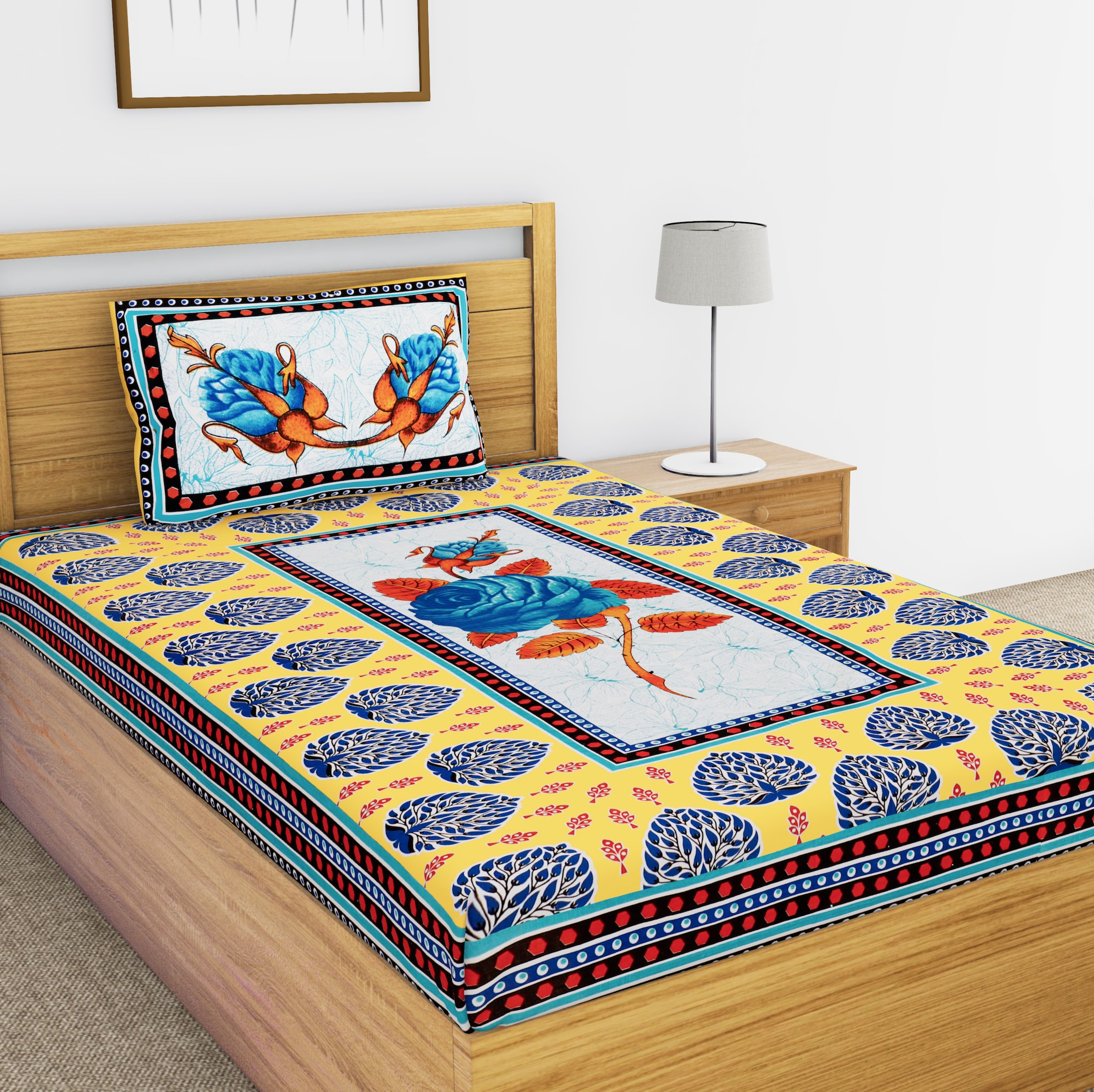 

JAIPUR PRIDE Cotton Floral Single Size Bedsheet 104 TC ( 1 Bedsheet With 1 Pillow Covers Yellow )