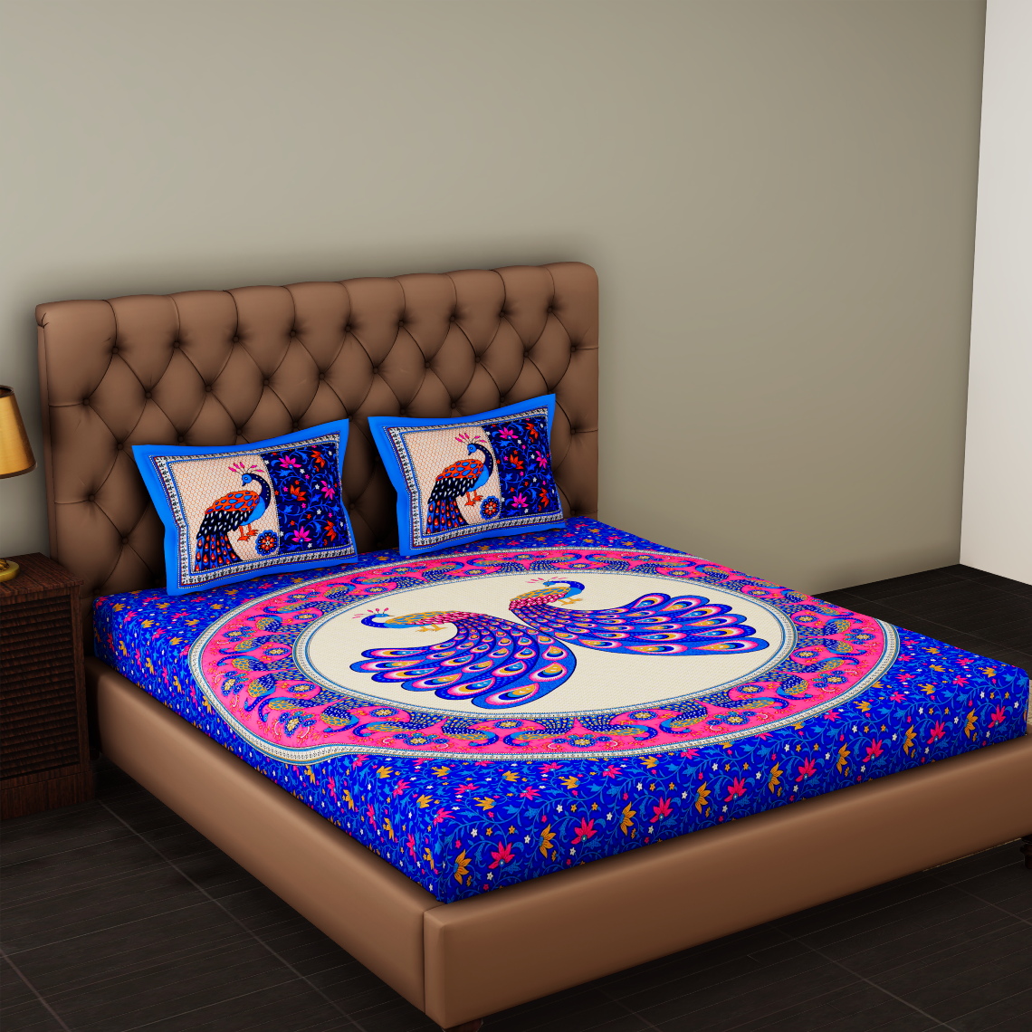 

JAIPUR PRIDE Cotton Printed Double Size Bedsheet 104 TC ( 1 Bedsheet With 2 Pillow Covers Blue )
