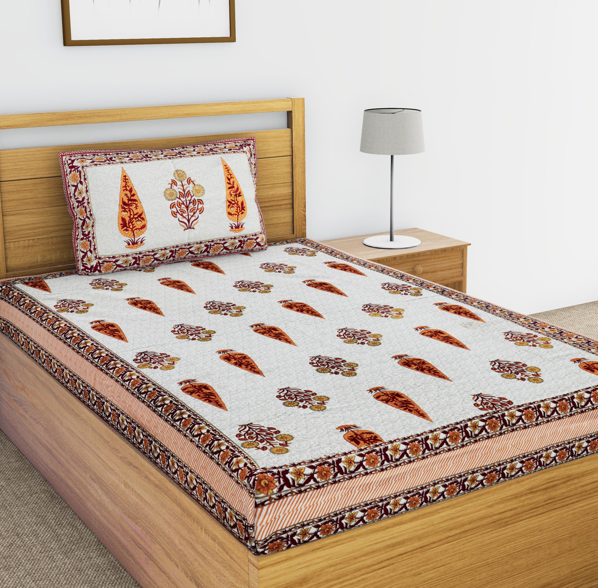 

JAIPUR PRIDE Cotton Floral Single Size Bedsheet 104 TC ( 1 Bedsheet With 1 Pillow Covers Maroon )