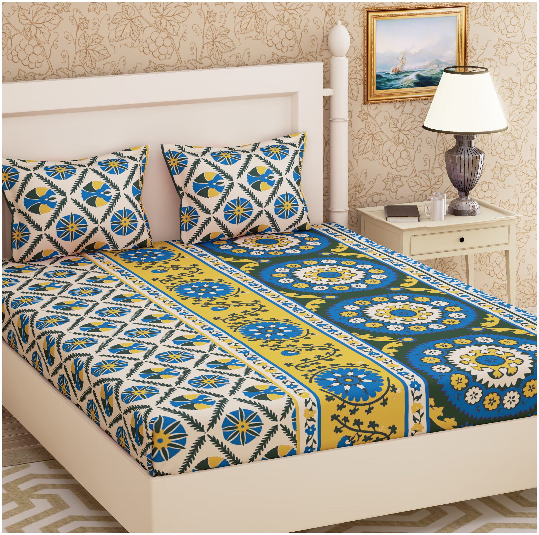 

JAIPUR PRIDE Cotton Printed Double Size Bedsheet 104 TC ( 1 Bedsheet With 2 Pillow Covers Multi )