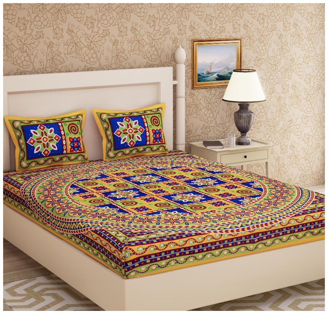 

JAIPUR PRIDE Cotton Rajasthani Jaipuri Print Double Size Bedsheet 104 TC ( 1 Bedsheet With 2 Pillow Covers Yellow )