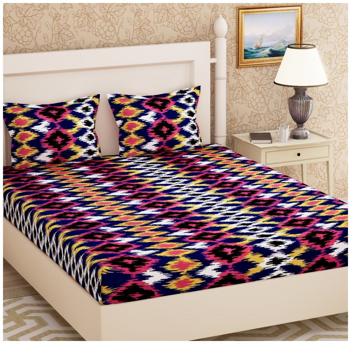 

JAIPUR PRIDE Cotton Geometric Double Size Bedsheet 104 TC ( 1 Bedsheet With 2 Pillow Covers Multi )
