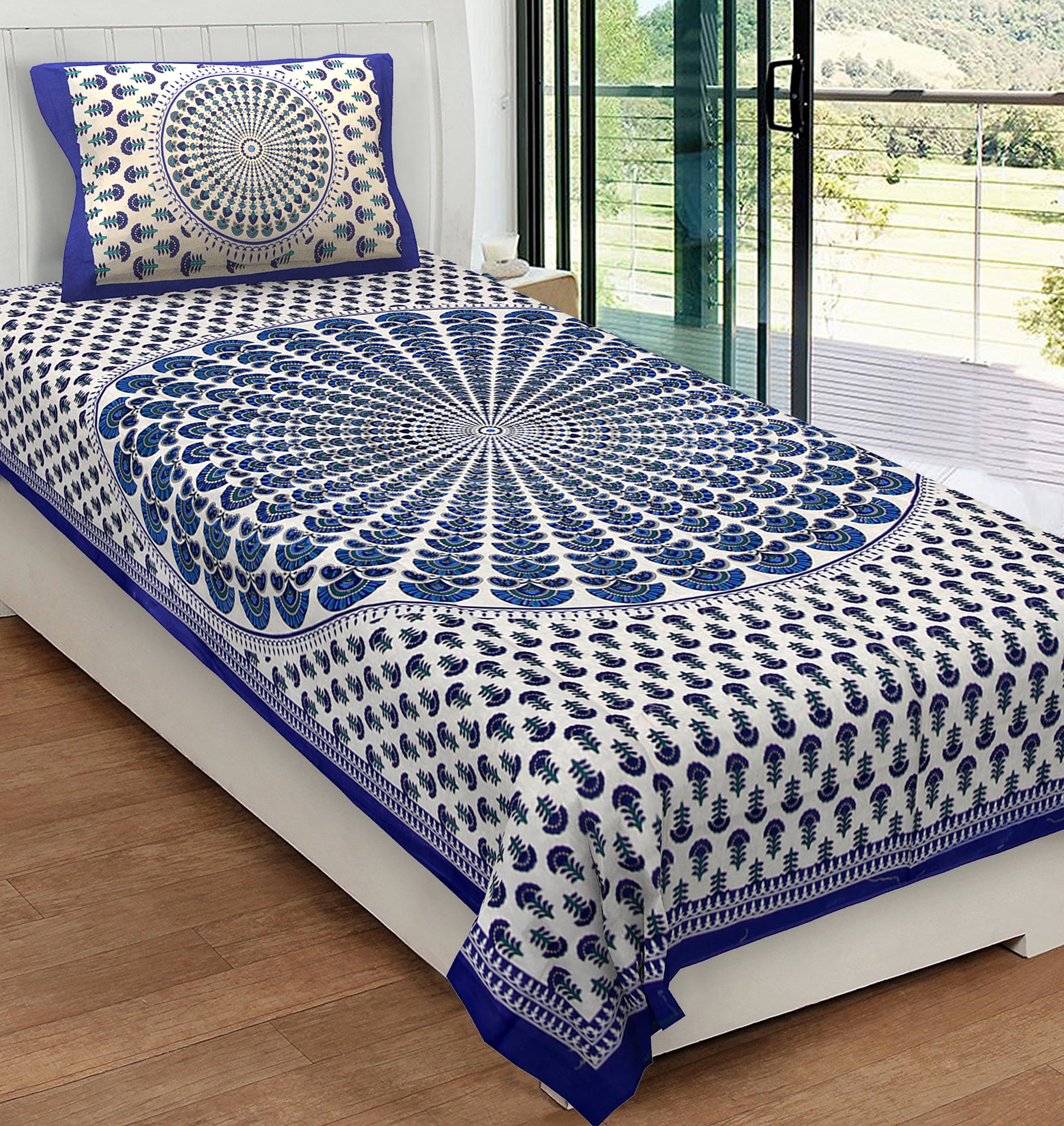 

JAIPUR PRIDE Cotton Printed Single Size Bedsheet 104 TC ( 1 Bedsheet With 1 Pillow Covers Blue )