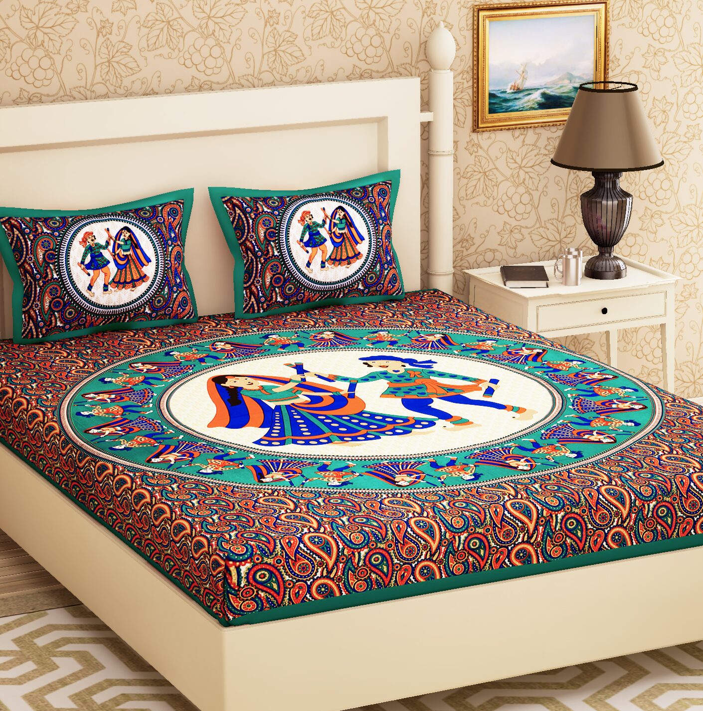 

JAIPUR PRIDE Cotton Rajasthani Jaipuri Print Double Size Bedsheet 104 TC ( 1 Bedsheet With 2 Pillow Covers Multi )